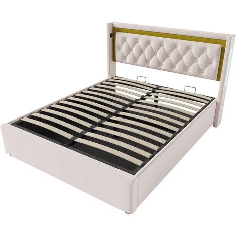 Lit rembourré 140x200 avec matelas, coffre de rangement, LED, USB Type C, beige clair (1/5)