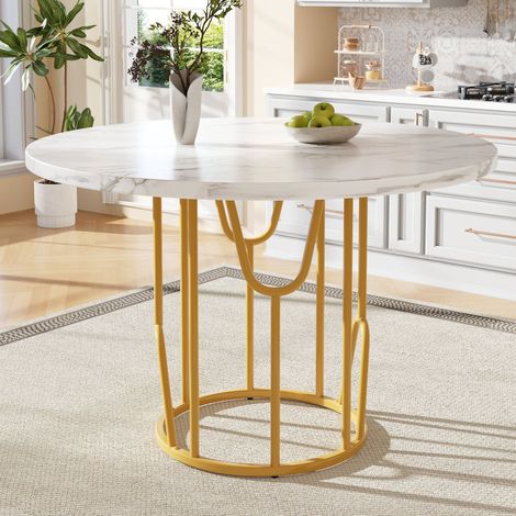 Tanant – Table de salle à manger ronde 80cm – Plateau en MDF marbré – Structure en métal – Pour 4 à 6 personnes – Installation facile (1/5)
