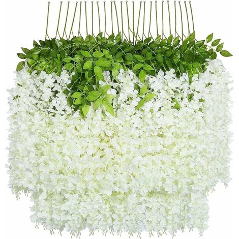 SABIR Fleurs artificielles　24 Pcs/100cm Glycine Artificielle Guirlande de Fleurs Artificielles Blanche Feuilles Vertes avec Fleurs Plastiques Suspendues Vigne Plante Suspendue Plastique Mariage Décor  (1/5)