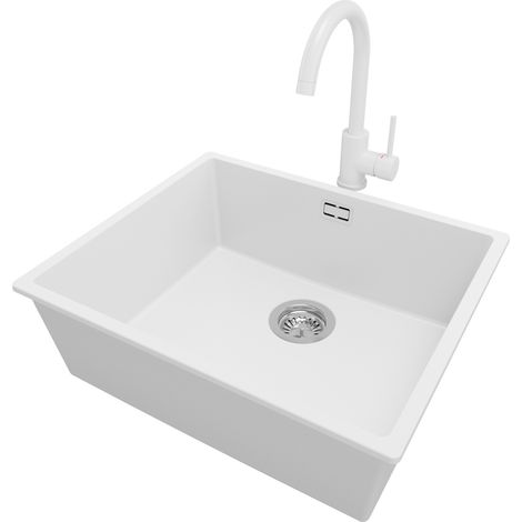 PRIMAGRAN Evier Sous Plan 56x47cm, Evier en Granit 1 bac + Robinet 32x20cm + Kit de Vidage, Évier au meuble 60cm - London, Blanc (1/5)