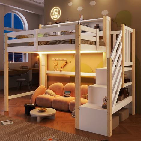 Lit mezzanine, lit simple 90x200 cm, avec LED,espace de rangement sous le lit, échelle, compartiment de rangement ouvert,sans matelas,blanc et naturel (1/5)