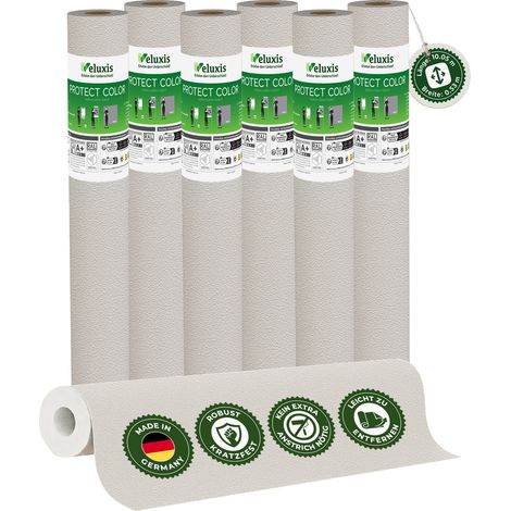 Vliestapete Vliestapete farbig – PROTECT COLOR Hellgrau 6er Set, 6 x 10,05 m x 0,53 m, kein Anstrich notwendig, kratz- & stoßfest, rissüberbrückend, Made in Germany – Veluxis (1/5)