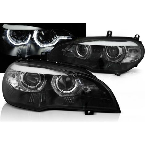 Paire feux phares BMW X5 E70 de 2007 a 2010 Xenon Angel Eyes Led DRL Noir-32998835 (1/4)
