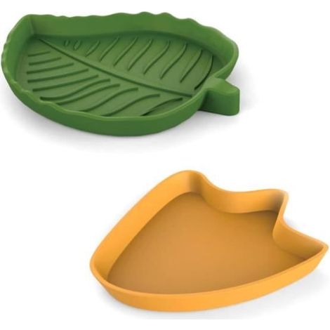 2 Pièce Bol D'eau de Nourriture en Forme de Feuille et Forme de Empreinte pour Reptiles, Accessoires Pour Tortues,(Vert et Jaune)