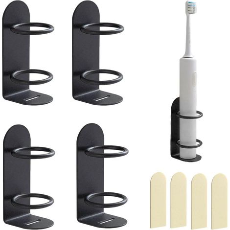 Soportes de pared de hierro autoadhesivos de color negro, paquete de 4 unidades, con orificios de drenaje, aptos para afeitadoras eléctricas y cepillos de dientes eléctricos. (1/5)