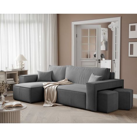 Ecksofa Schlafsofa Sofa ADARA inkl. Hocker Stoff Poso Grau Ottomane Links