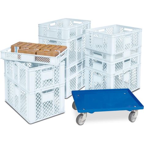 BRB Lot de 11 paniers empilables en polyéthylène HD Blanc 600 x 400 mm H 90 mm/150 mm/240 mm/320 mm (1/2)