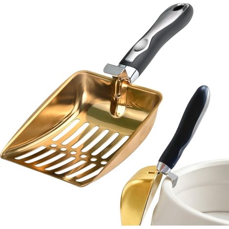 Cat Litter Scoop in 430 Stainless Steel with Efficient Filter Mesh, Cat Litter Tray Hook Design with Hanging Hole, PP Handle, Gold, Length 26.2 cm (1/5)