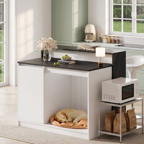 Îlot de Cuisine 3-en-1 Bar et Table à Manger avec Espace Repos pour Animal Effet Marbre Noir et Blanc 120x80x100 cm (1/5)