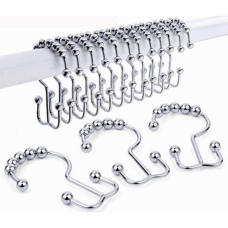 Set mit zwölf rostbeständigen, verschiebbaren Duschvorhanghaken aus Metall für Duschstangen und -vorhänge - Crezuo