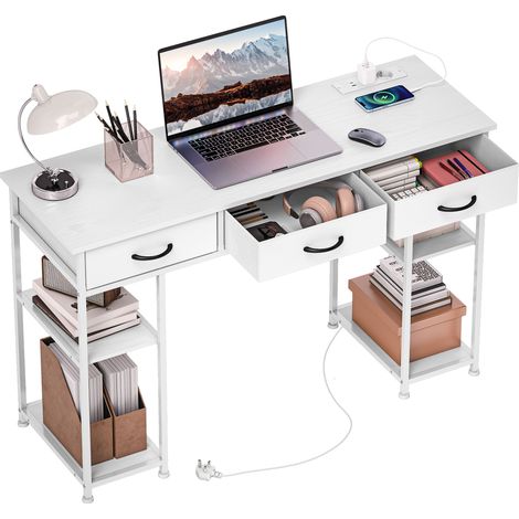 Bureau rangement prises courant 3 tiroirs tissu 4 étagères, 120x40x76 cm, blanc (1/5)