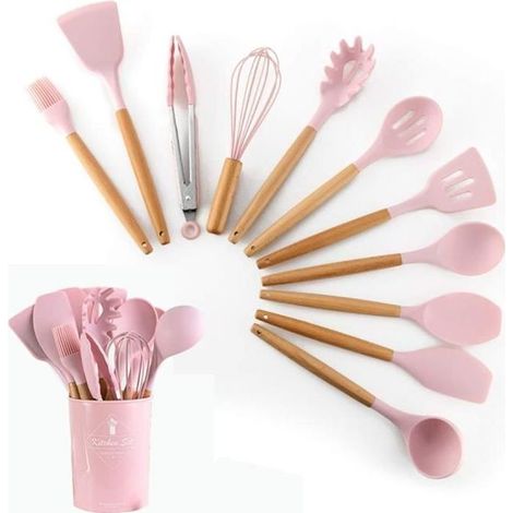 12 pièces ustensiles cuisine, silicone antiadhésif, manche bois lisse, kit complet pour cuisinier amateur et professionnel (1/4)