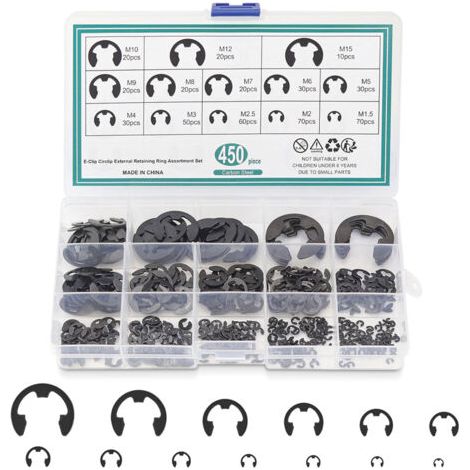 450 pièces de pinces en E, assortiment de bagues de retenue, anneaux de serrage flexibles externes en acier à ressort pour la fixation des poulies d'engrenages de roulement, 13 tailles