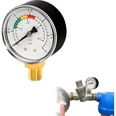 Manomètre de précision 0-3 Bar pour eau et gaz, raccord 1/4 BSPT, appareil de mesure de pression robuste pour piscine, étang à poissons et filtre à sable (1/5)