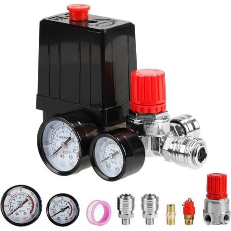 220V Pressostat Compresseur d'Air 4 Trous Regulateur de Pression pour Air Compresseur avec Manomètre Soupape de Sécurité Raccords 90-120 PSI Valve de Contrôle du Pressostat du Compresseur d'Air (1/5)