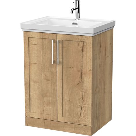 Stonnall Traditional Floor Standing 2 Door Vanity Unit with Traditional 1 Tap Hole Fireclay Basin, 600mm, Autumn Oak (1/4)