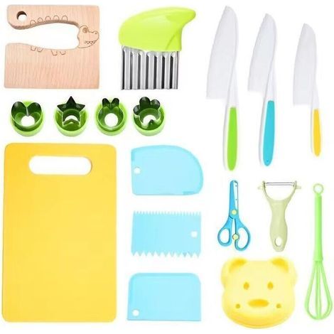 17-teiliges Kindermesser- und Küchenutensilien-Set. Kindersicheres Küchenmesser mit Ausstechformen. Holzmesser zum Schneiden von Obst und Gemüse. Für Kinder ab 2 Jahren. (1/5)