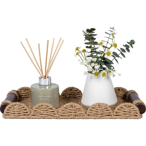 Plateau Décoratif en Osier avec Poignée en Bois, Organiseur pour Salle de Bain, Étagère et Comptoir (1/5)