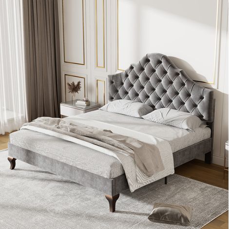 DESVIAE Lit rembourré 140 x 200 cm avec tête de lit capitonnée sommier à lattes en bois velours gris dossier réglable lit adulte et adolescent (1/5)