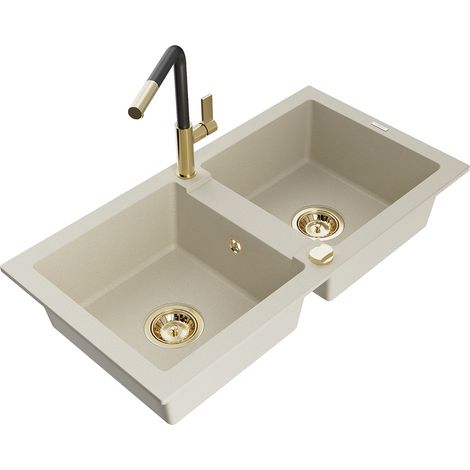Mexen Mario 2-Becken-Granitspüle mit Mischbatterie Flora, Beige - 6504-69-670401-57-G (1/5)