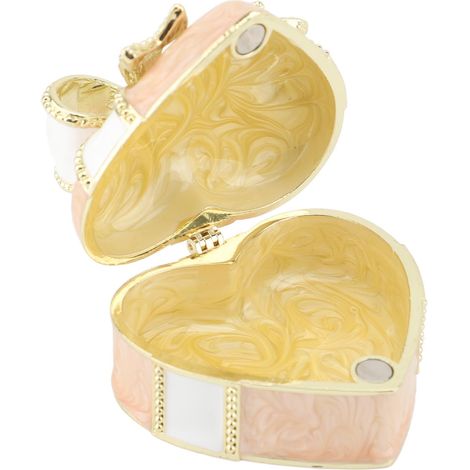 Boîte à bijoux vintage en émail rose, motif nœud papillon et cœur, ornée d'un pendentif décoratif. (1/5)
