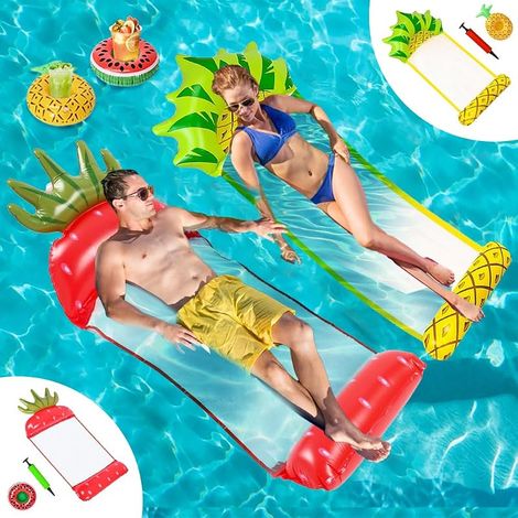 2Pcs Flottant Hamac Gonflable, 4 in 1 Matelas Filet Piscine Gonflable, Hamac Piscine Portable avec 2 Pompe à Air Manuelle 2 Porte-Boissons Gonflables, Matelas Piscine Pliable pour Plage, Partie (1/5)