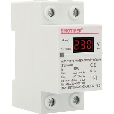 Dispositif de Protection contre Surtensions et Sous-Tensions à Récupération Automatique 230V 40A avec Affichage de Tension et Voyant Lumineux Dispositif de Protection Rail DIN. (1/5)