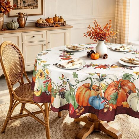 Nappe ronde 180 cm avec motif citrouille-feuille d'érable, lavable