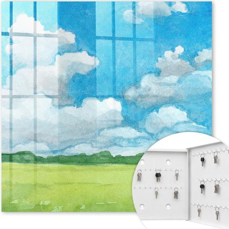 Armoire à clés - (30 cm x 30 cm) - Boîte à clés murale - Coffret de rangement pour clés - Couleur blanche - Ouverture vers la droite - Pour maison et bureau - paysage d'été
