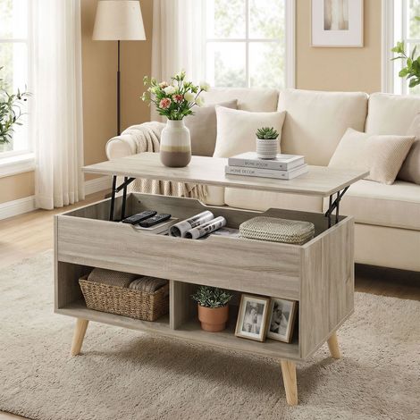 Table basse relevable table de salon avec compartiment caché et étagères ouvertes bois naturel 75 x 40 x 58 cm finition de qualité