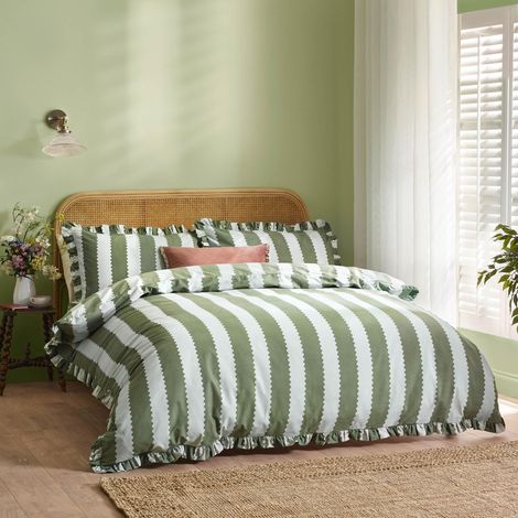Jeu De Housse De Couette Réversible À Volants Coton Riche Rayé Literie 230x220cm (1/5)