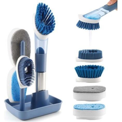 Spülbürste mit Wassertank, verstellbare Reinigungsbürste mit Flüssigkeitsspender, 4-teiliges Set mit Bürstenköpfen für Töpfe, Pfannen und Spülbecken, 28,5 cm Küchenbürste mit Halterung, Blau (1/5)