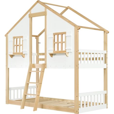 Kinder-Hochbett 90 x 200 cm mit geneigter Leiter, Fenstern und Dach, weiß und natur (1/5)
