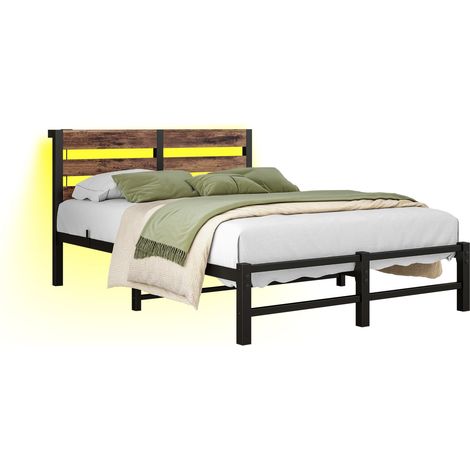 Cama metálica 120 x 200 cm con LED RGB y 2 puertos USB, somier negro marrón (1/5)