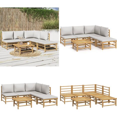 6-tlg. Garten-Lounge-Set mit Hellgrauen Kissen Bambus - Bambusmöbel - Gartenmöbel (1/5)