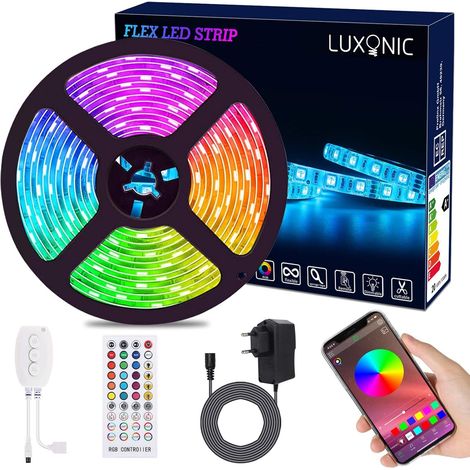 Bande Lumineuse Bluetooth 5M, Ruban à LED 5050 RGB Étanche, Contrôlé par APP du Smartphone Android et iOS, avec Récepteur Bluetooth Alimentation 12V et Télécommande IR pour Décoration (1/5)