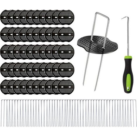 Kit de 100 pièces pour le jardin, comprenant des tuteurs, des piquets pour pelouse et des anneaux en plastique. Contient 50 tuteurs en U, 50 anneaux et 1 crochet. (1/5)