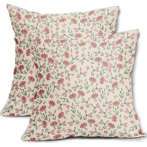 Lot de 2 housses de coussin décoratives vintage et rustiques à motif floral vert et rose, 45 x 45 cm, avec petites fleurs mignonnes, pour extérieur, canapé, sofa et lit (1/4)