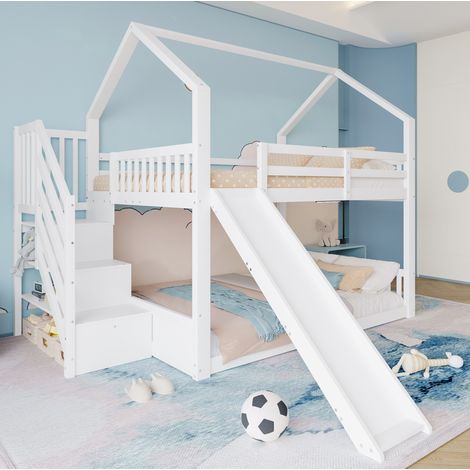 Litera infantil 140x200 cm blanca en pino y MDF con escalera de almacenaje y tobogán (1/5)