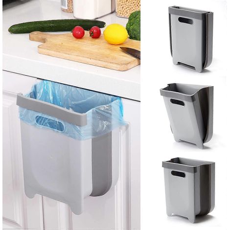 Poubelle pliable murale de 9 L pour porte de placard de cuisine, nettoie le comptoir, l'évier et la salle de bain (grise) (1/5)