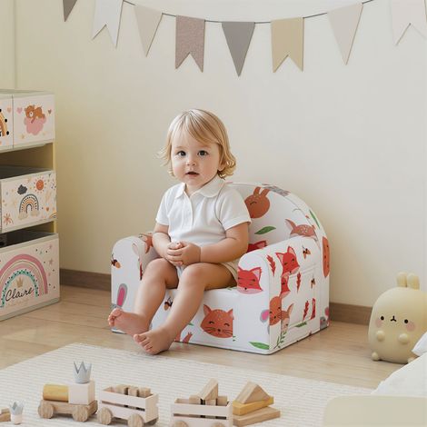 Fauteuil enfant avec canapé imprimé renard pour enfants de 18 à 36 mois, housse amovible et poche, 54 x 40 x 43 cm, blanc