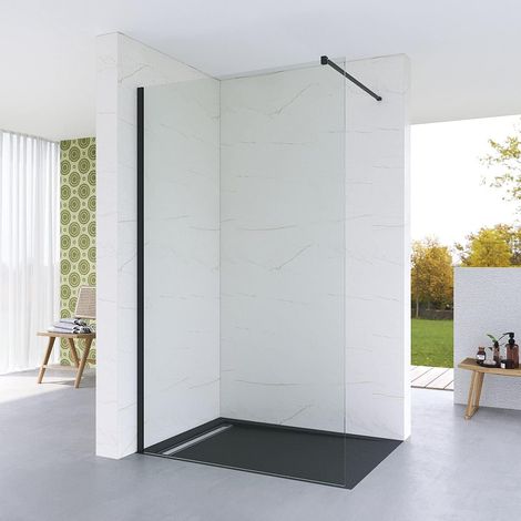 Walk in Dusche Duschabtrennung schwarz Begehbare Duschwand bodengleich Glasduschwand Glastrennwand barrierefrei Sicherheitsglas 8 mm Lotus-Effekt NANO Beschichtung 120 x 200 cm (1/4)