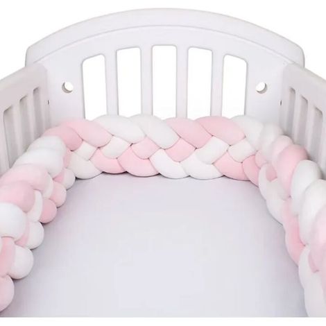 Basetbl – 3 m Babybettumrandung, 4-strängig, geflochtenes Samtkissen in Schlangenoptik – Stoßschutz – Länge 3 m – Weiß und Rosa (1/5)