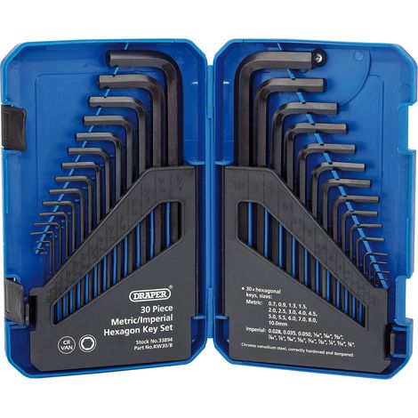 Draper KW30/B - Set di 30 chiavi a brugola lunghe a sezione esagonale miste, sistema metrico e imperiale