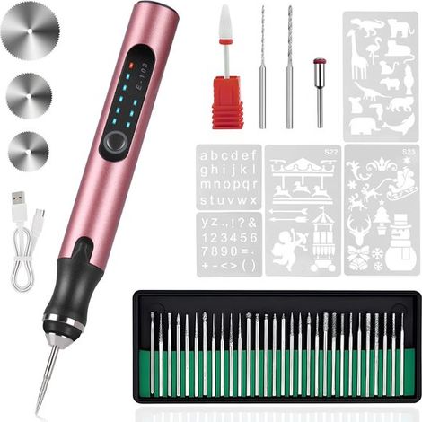 Elektrischer Gravierstift Kabellos (USB) Gravierstift Set 16 Schablonen Multifunktionaler Gravierstift Zum Gravieren von Holz, Metall, Stein, Kun (1/5)