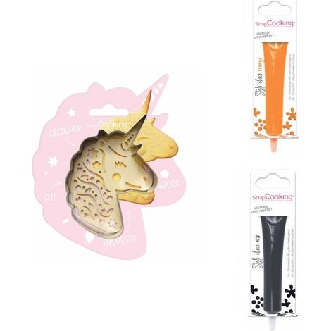 Kit pour biscuit en relief Licorne + 2 Stylos au chocolat orange et noir