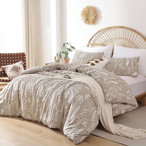 Parure de lit réversible en microfibre avec housse de couette 155 x 220 cm et 1 taie d'oreiller de 80 x 80 cm avec fermeture éclair - Kaki et beige (1/5)