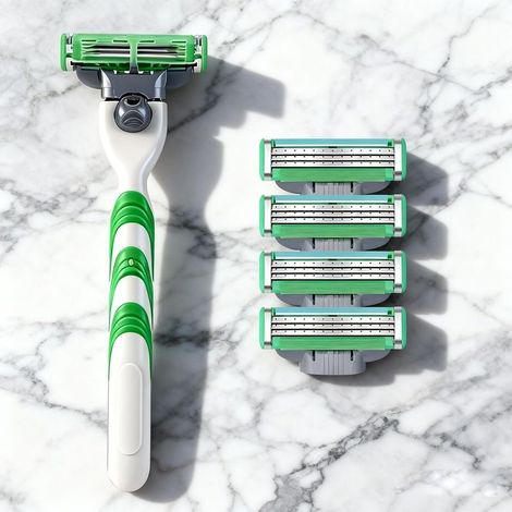 Rasoir à trois lames professionnel – Idéal pour tous types de barbes (Manche vert + 4 têtes de rasoir) (1/5)