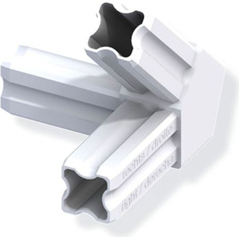 Angle connecteur 45° droite pour tube PVC/alu - blanc 3 branches 23.5mm carrées (1/2)