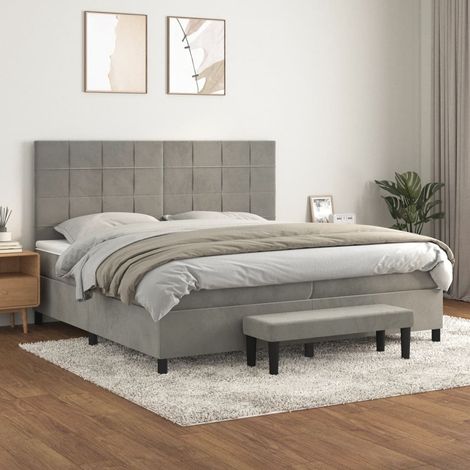 Lit à sommier tapissier et matelas - Cadre De Lit Moderne: King Size - Lit Double - Gris clair 200x200cm Velours Chic-196948 (1/5)